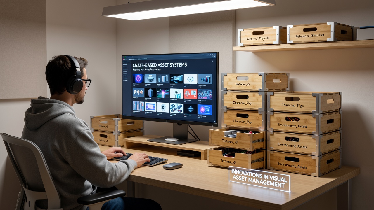 Comparison of traditional file folders versus organized crate containers in 3D asset pipeline